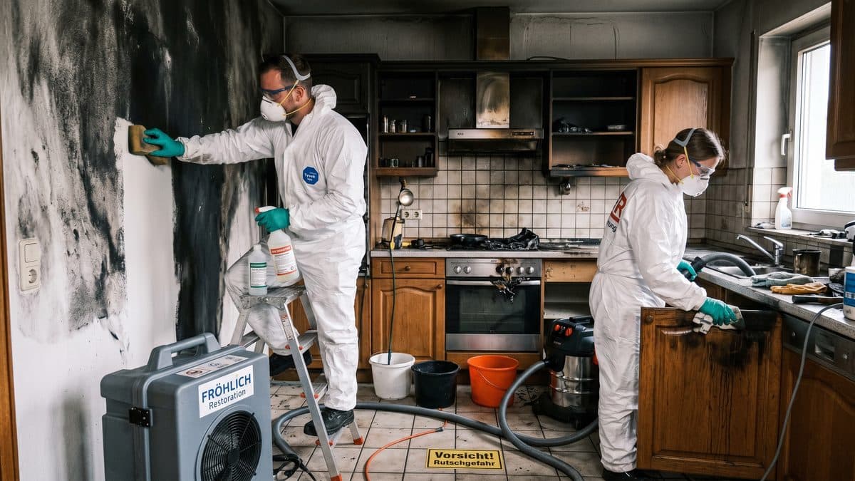 Sanierungsteam reinigt einen Brandschaden in einer Küche